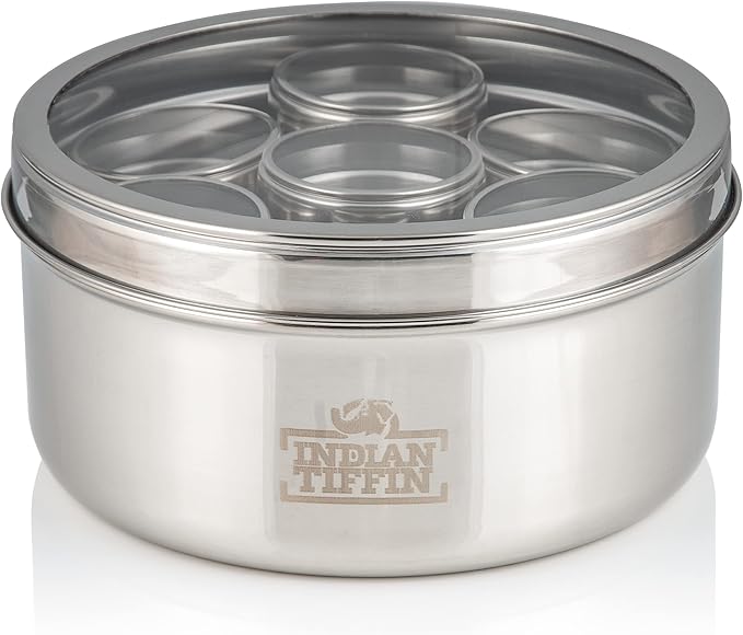 Indian-Tiffin Masala Dabba – Airtight Spice Container – Food Grade Stainless Steel – with Spice Labels & Spoon (Medium (18cm), Clear Lid Top & Clear Lids on Inner Pots)