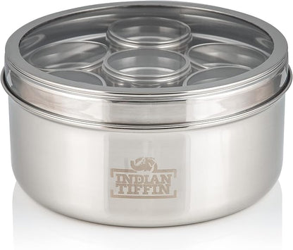 Indian-Tiffin Masala Dabba – Airtight Spice Container – Food Grade Stainless Steel – with Spice Labels & Spoon (Medium (18cm), Clear Lid Top & Clear Lids on Inner Pots)