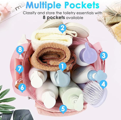 Fammart Mesh Shower Caddy Portable for College Dorm Room Essentials, Odorless Polyester Large Shower Tote Bag with Dual Handles, 8-Pocket Quick-Dry Toiletry Organizer for Travel, Beach, Camping, Gym