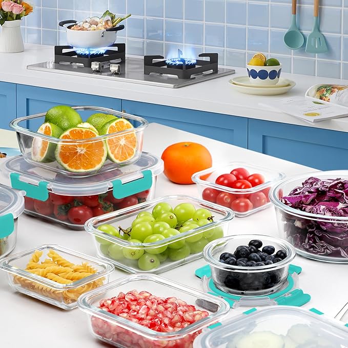 VERONES 30 Pieces Glass Meal Prep Containers Set, Stackable Glass Food Storage Containers with Lids-Airtight Lunch Containers，for Microwave, Oven, Freezer & Dishwasher,Green