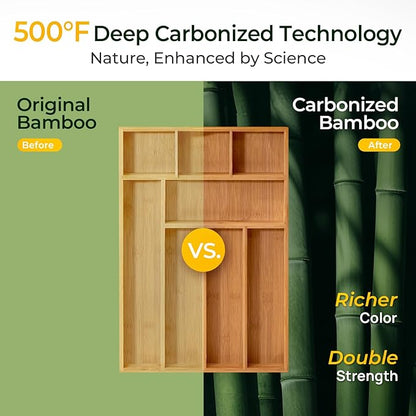 Carbonized Bamboo Kitchen Drawer Organizer, 8 Slots Silverware Organizer, Utensil Holder & Cutlery Tray, 2.2" Deep for Extra Capacity, Non-Slip Feet Included