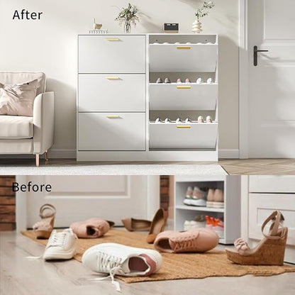 JOZZBY Shoe Storage Cabinet with 3 Flip Drawers, Freestanding Narrow Slim Shoe Organizer Cabinet Rack for Entryway Hallway, Living Room，White