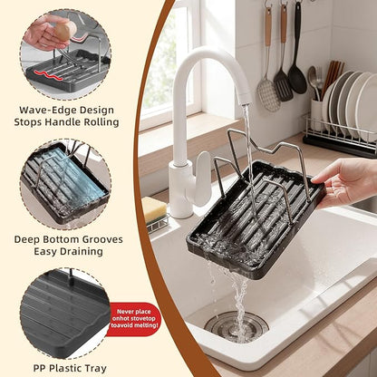 Pot Lid Holder and Spoon Rest, 2-in-1 Kitchen Counter Organizer with Stainless Steel Lid Holder While Cooking and Plastic Utensil Rest, Space Saving Pot Cover Rack for Stovetop and Countertop (Black)