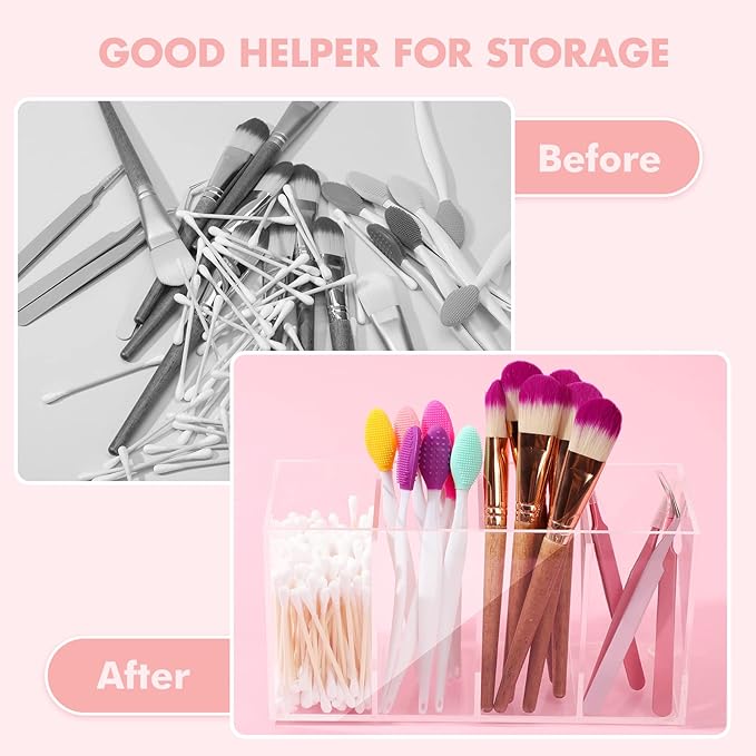 2 Pack 4 Compartment Acrylic Makeup Organizer with Lid Lash Cart Organizer for Lash Techs Bathroom Storage with 4 Tray Eyelash Mascara Brushes Supplies Brush Holder for Cosmetics or Office Supplies