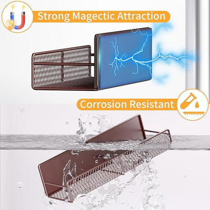 Magnetic Spice Rack for Refrigerator, 2 Pack 100% Metal Strong Magnet Shelf, Space Saving Spice Organizer W/ Hooks, Movable Magnetic Fridge Shelf, Kitchen Home Laundry Room Storage Organization, Brown
