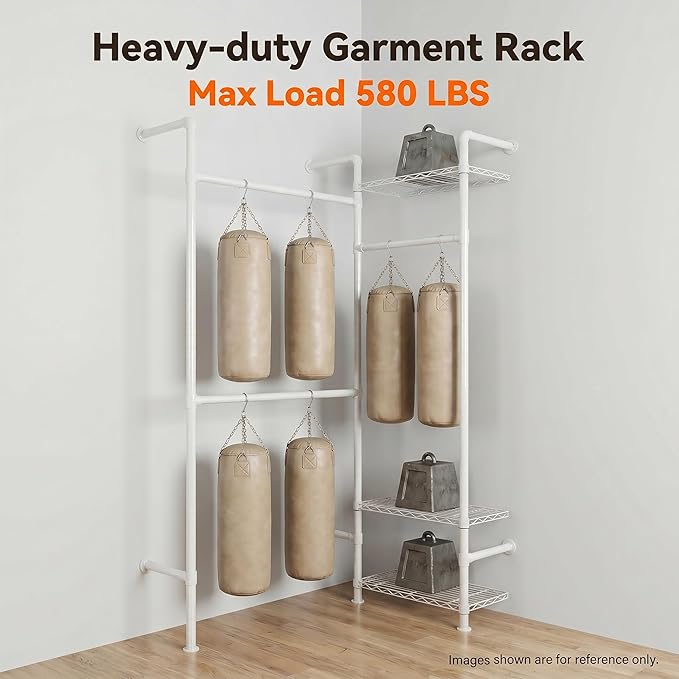Wall Mounted Closet System – Adjustable Clothing Rack with 2 Expandable Rods & 3 Shelves, Heavy Duty Industrial Pipe Clothes Rack for Closet Organizer and Storage, White
