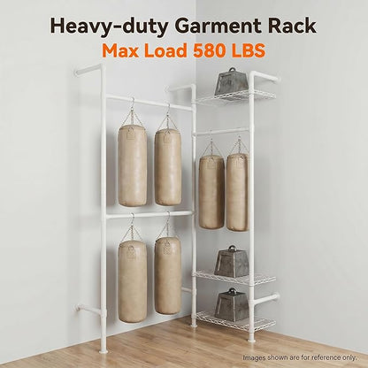 Wall Mounted Closet System – Adjustable Clothing Rack with 2 Expandable Rods & 3 Shelves, Heavy Duty Industrial Pipe Clothes Rack for Closet Organizer and Storage, White