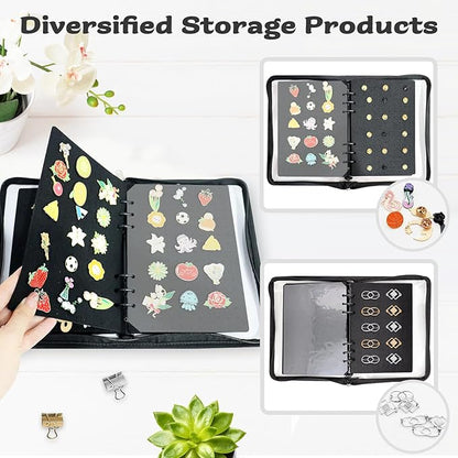 LIQALU Enamel Pin Display Book Pin Collection Binder Holder Trading Book with 8-Page Display Boards A5 Brooch Pin Storage Organizer Binder Album for Travel Collectors (Black)