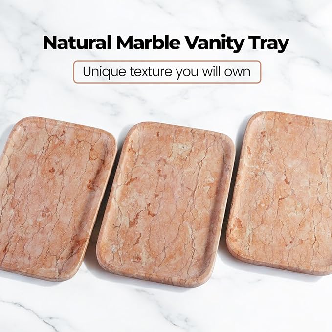 Karibiber Marble Vanity Tray, Bathroom Tray for Countertop, Decoration Dresser Organizer, Perfume, Jewelry Holder, Red Stone Serving for Kitchen Sink Storage(Spring Rose)
