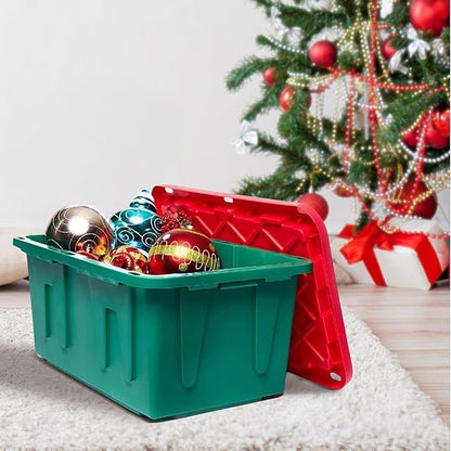 HOMZ 2-Pack Durabilt, Heavy Duty Plastic Storage Bins with Lids, 27 Gallon, Green/Red - Stackable Container Boxes for Holiday, Attic, and Garage Organization
