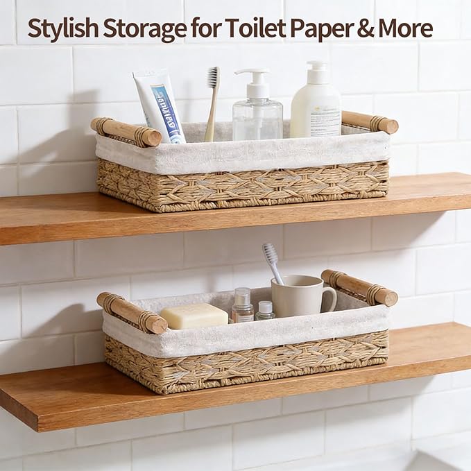 Storage Basket Wicker Baskets for Organizing, Storage Bins for Countertop & Toilet Paper, Toilet Tank Top Organizer (Set of 2, Beige)