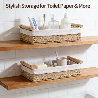 Storage Basket Wicker Baskets for Organizing, Storage Bins for Countertop & Toilet Paper, Toilet Tank Top Organizer (Set of 2, Beige)