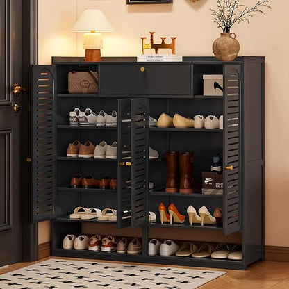 Shoe Storage Cabinet with Shutter Doors, 7 Tier Bamboo Shoe Cabinet Sneakers Shoe Rack Shelf for 36-40 Pairs, Shoe Organizer with Thickened Adjustable Shelves for Entryway, Hallway