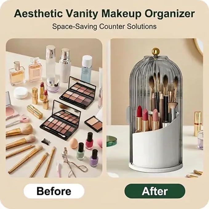 Makeup Brush Holder with Lid 360° Rotating 3-Compartment Makeup Organizers for Vanity, Waterproof & Dustproof Cosmetic Storage Box for Dressing Table (Transparent Black)