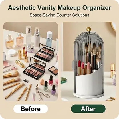 Makeup Brush Holder with Lid 360° Rotating 3-Compartment Makeup Organizers for Vanity, Waterproof & Dustproof Cosmetic Storage Box for Dressing Table (Transparent Black)