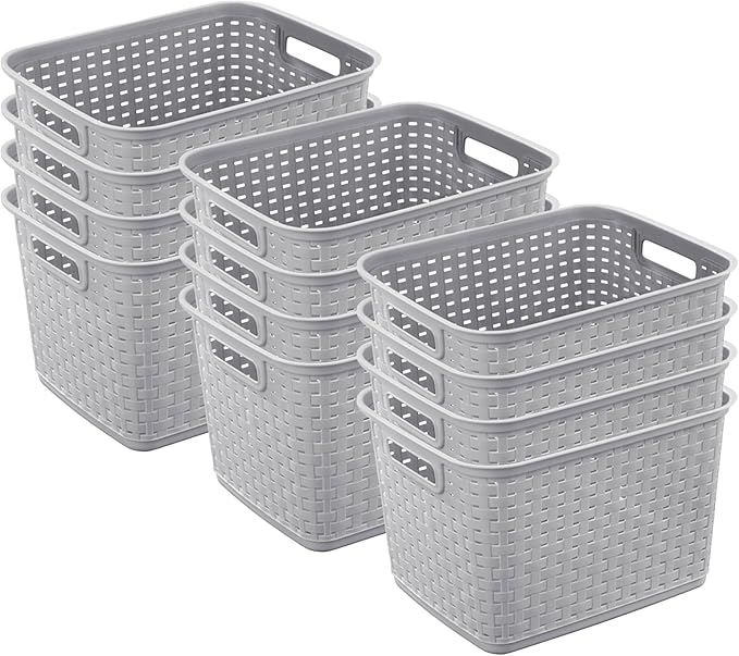 Sterilite 12-Pack Tall Weave Basket, Wicker-Style Plastic Open Storage Bin, Cement Gray - Multi-Purpose Decorative Organizer for Laundry Area, Shelves, Closets, Pantries, Living Rooms or Offices
