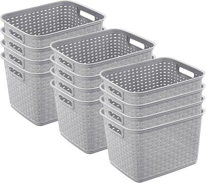 Sterilite 12-Pack Tall Weave Basket, Wicker-Style Plastic Open Storage Bin, Cement Gray - Multi-Purpose Decorative Organizer for Laundry Area, Shelves, Closets, Pantries, Living Rooms or Offices