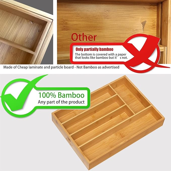 guiogc Kitchen Bamboo Silverware Drawer Organizer，Silverware Organizer and Cutlery Tray with Grooved Drawer Dividers for Silverware, Knives in Kitchen, Bedroom (5 Slot-Natural)