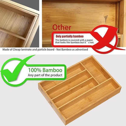 guiogc Kitchen Bamboo Silverware Drawer Organizer，Silverware Organizer and Cutlery Tray with Grooved Drawer Dividers for Silverware, Knives in Kitchen, Bedroom (5 Slot-Natural)