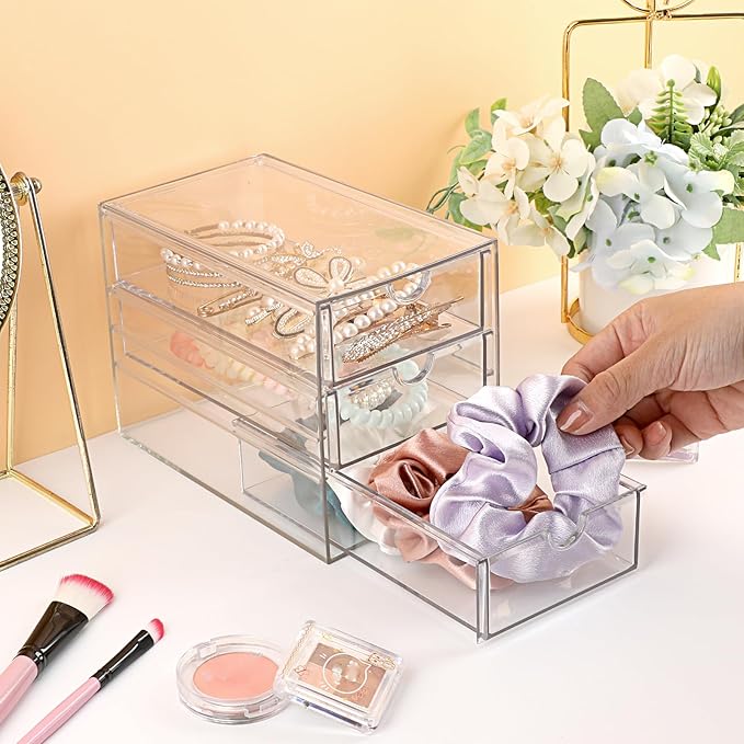 Hipiwe 3 Drawers Acrylic Drawer Organizer Clear Desktop Organizer for Hair Accessories Jewelry Stationery Office Supplies Acrylic Drawer Storage Box for Vanity Bathroom Closet