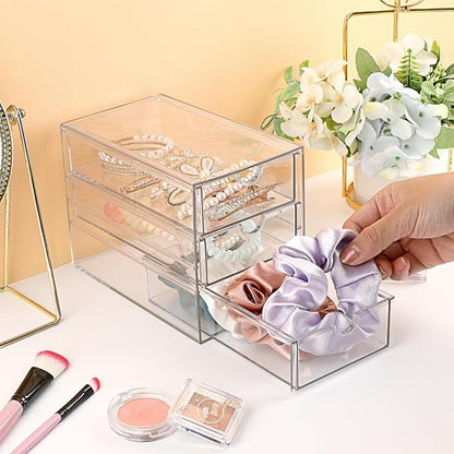 Hipiwe 3 Drawers Acrylic Drawer Organizer Clear Desktop Organizer for Hair Accessories Jewelry Stationery Office Supplies Acrylic Drawer Storage Box for Vanity Bathroom Closet