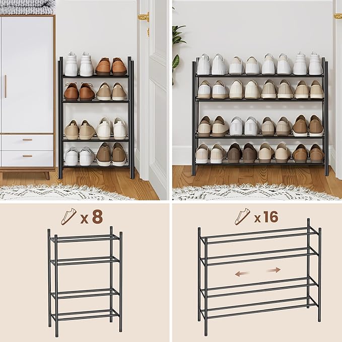 AceMining 4-Tier Expandable Shoe Rack, Adjustable Shoe Rack Shoe Organizer Shoe Shelf, Free Standing Shoe Racks Heavy Duty Metal for Closet Entryway Closet Doorway Front Door Entrance，Black