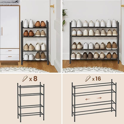 AceMining 4-Tier Expandable Shoe Rack, Adjustable Shoe Rack Shoe Organizer Shoe Shelf, Free Standing Shoe Racks Heavy Duty Metal for Closet Entryway Closet Doorway Front Door Entrance，Black