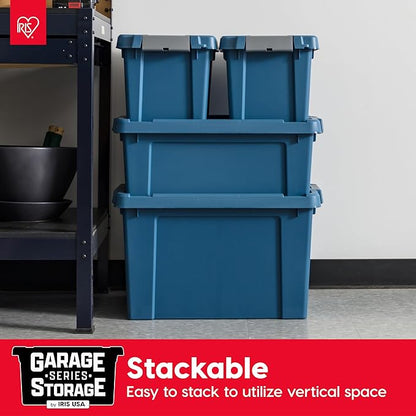 IRIS USA 20 Gallon Eco-Friendly Lockable Storage Bins with Lids, 4 Pack - Made in USA, Heavy Duty, Stackable Containers, Garage Organizing Bins Moving Tubs, Rugged Sturdy Equipment Utility Box - Navy
