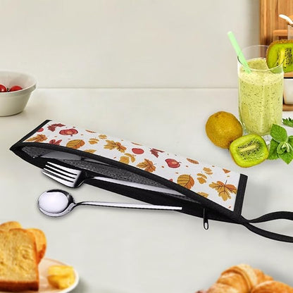 Portable Tableware Carrier Pouch Cutlery Bag Silverware Organizer Accessories for Travel Camp Party,Autumn Leaves Brown and Orange
