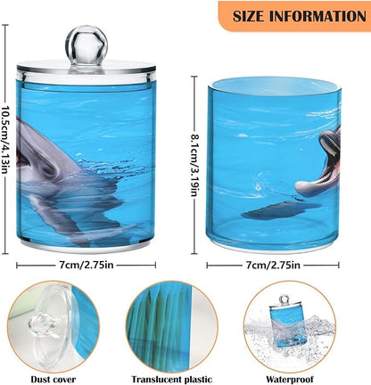 Milk Cow Qtip Holder with Lid 2PCS Apothecary Jars Storage Containers, Clear Plastic Canister for Cotton Swab,Floss Picks, Cosmetics (Cute Dolphin, one sizex2)