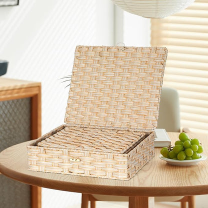 Plastic Wicker Storage Baskets with Lids, 2-Pack Woven Rattan Organizer Bins with Locking Button, Decorative Flat Storage Boxes, 11"x9.25"x2.75" & 13"x11.2"x3.5", Beige