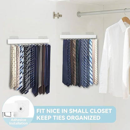 Tie Rack Wall Mount, Adhesive Wooden Closet Tie Hanger with 24 Metal Hooks, Large Capacity, 2 Installation Options, White, 2 Pcs