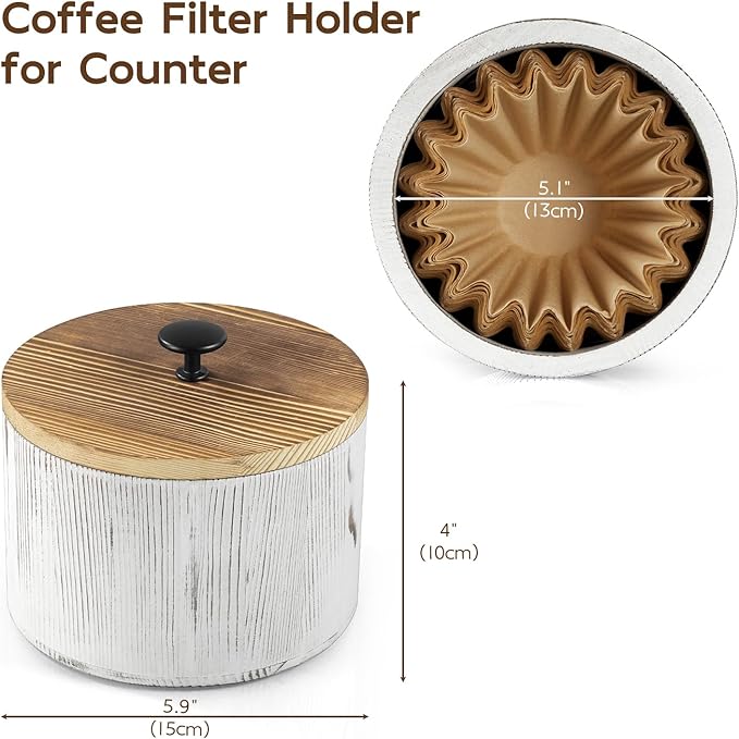 Coffee Filter Holder, Wood Filter Storage Container for Counter, Coffee Bar Accessories for Home Decor, Retro White