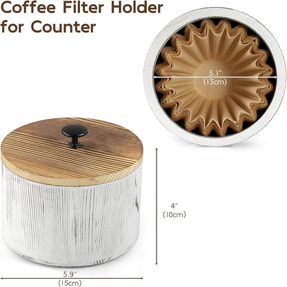 Coffee Filter Holder, Wood Filter Storage Container for Counter, Coffee Bar Accessories for Home Decor, Retro White