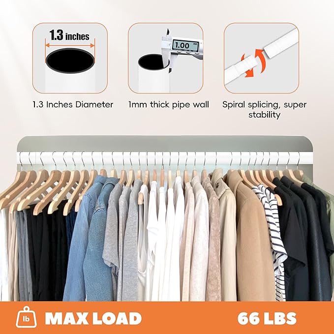Long Closet Rod 17-75 Inches, Adjustable Heavy Duty White Metal Closet Rods for Hanging Clothes, 1.3 Inch Diameter with Wall Brackets for Wardrobes, Laundry Room