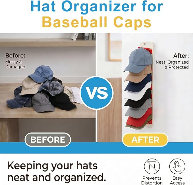 Hat Organizer for Baseball Caps 2 Pack, Detachable Hat Rack for Wall Hold up to 40 Hats, Dual Mounting Ways Universal Hat Holder for Closet, Door, Wall, Red