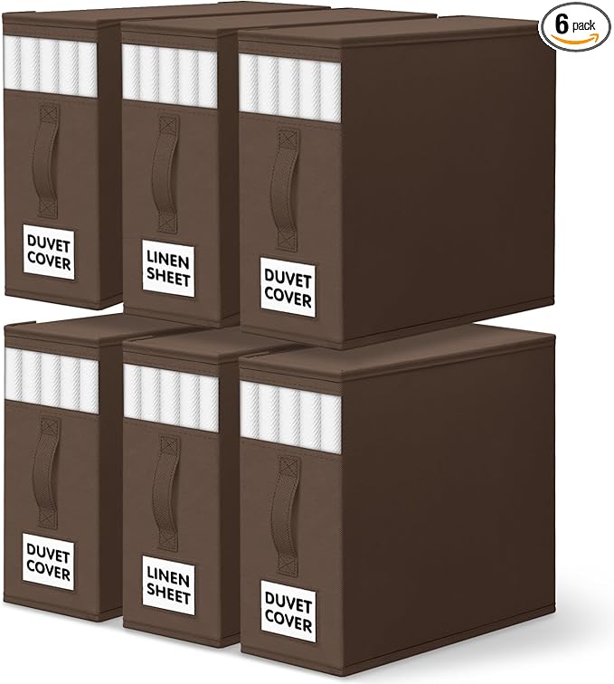 WOWBOX Sheet Organizers and Storage,Closet Bed Sheet Organizer Under Bed Storage and Organization with Label Cards & Clear Window for Bedding Sheets,Duvet Covers,Blankets (6 Pack，Brown)