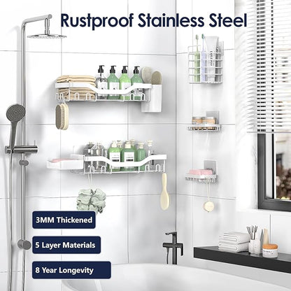 NESOMI Shower Caddy Adhesive Shower Organizer 7-Pack, Rustproof Stainless Steel Bathroom Shelves, Large Capacity No-Drill Rack Storage Accessories with Soap Dish Toothbrush Holder Hooks