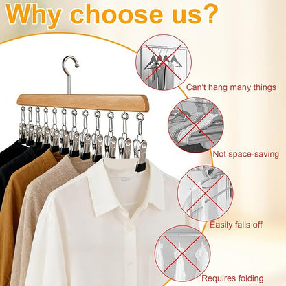 Closet Organizer with 10 Clips, 2 Pack Legging Organizer for Closet 10 Clips, Space Saving Hanging, Wooden, Multifunctional Storage for Clothes, Leggings, Sock, Jeans & More