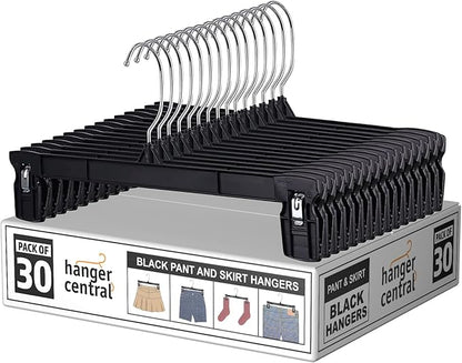 30 Pack Pants Hangers Slim Plastic Clothes Hangers with Clips for Skirts, Shorts & Trousers – Non Slip Grip, Heavy Duty Space Saver with Swivel Hook – Black Closet Organizer - 12 Inch