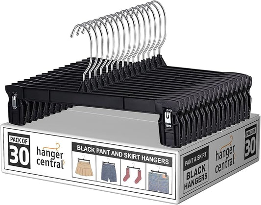 30 Pack Pants Hangers Slim Plastic Clothes Hangers with Clips for Skirts, Shorts & Trousers – Non Slip Grip, Heavy Duty Space Saver with Swivel Hook – Black Closet Organizer - 12 Inch