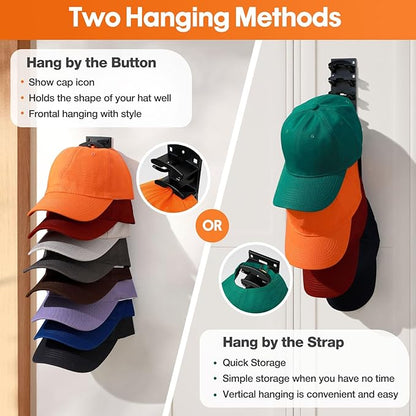 2 Pack Hat Organizer for Baseball Caps, Hat Rack for Wall with Strong Adhesive, Hold Up to 16 Hats, Hat Rack for Door Closet, Multi-Tier Hat Organizer, Two Mounting Options (Black)