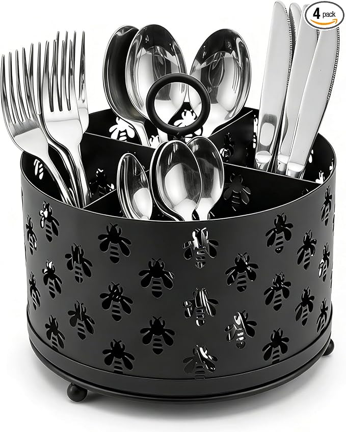 NelyBet 360°Rotating Utensil Caddy Countertop - Bee Silverware Caddy Holder with 4 Compartment - Mesh Cutlery Caddy Holder with Handle for Party Kitchen Counter Office Black