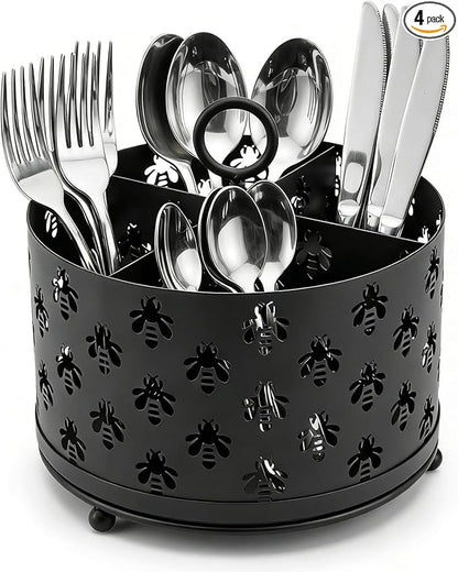 NelyBet 360°Rotating Utensil Caddy Countertop - Bee Silverware Caddy Holder with 4 Compartment - Mesh Cutlery Caddy Holder with Handle for Party Kitchen Counter Office Black