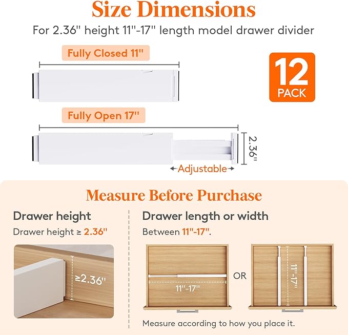 Lifewit 12 Pack 2.36" High Drawer Dividers 28-43.5cm/11-17" Adjustable Drawer Organizer for Clothes/Utensils, Expandable Drawer Separator in Dresser/Kitchen/Bedroom/Office Organization & Storage White