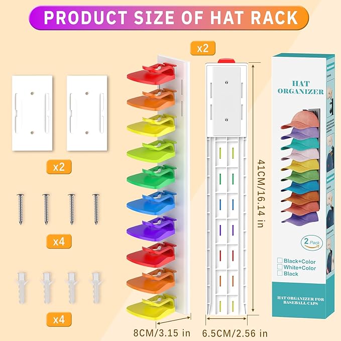 Volnamal Hat Organizer for Baseball Caps, 2 Pack Hold Up to 40 Hats, Hat Rack for Wall Space Saving, Hat Hanger w/Strong Adhesive Hat Storage Holder Display for Closet Door and Wall(White& Color)