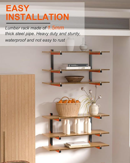 Lumber Storage Rack Wall-Mounted Lumber Racks Heavy Duty Wood Storage Rack with 9-Level Holds Up 1080 LB Sturdy Folding Garage Wood Organizer Orange Shelving Metal Shelf for Indoor & Outdoor- 6 Pack