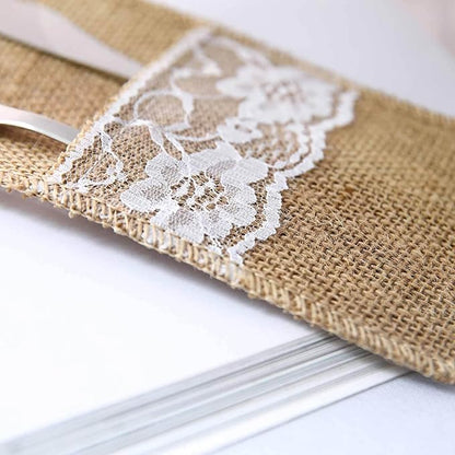 Efavormart 10 Pack Natural Burlap and Lace Silverware Holder Pouches, 4"x8" Rustic Cutlery Pockets for Weddings, Country Parties, and Vintage Themed Table Decor