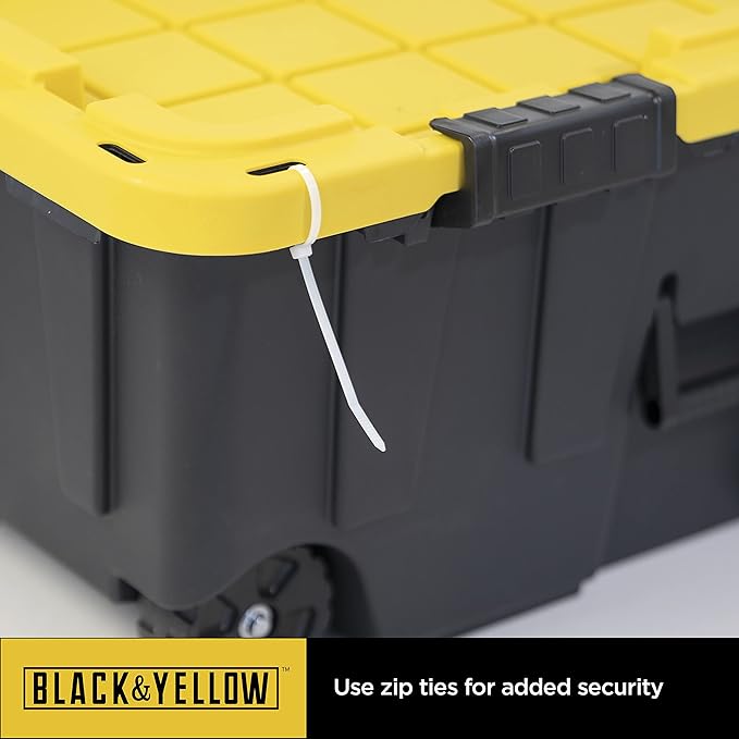 CX BLACK & YELLOW, 20-Gallon Heavy Duty Tough Storage Footlocker & Snap-Tight Lid, (13.4H x 18.2W x 32.3D), Weather-Resistant Design and Stackable Organization Tote [4 Pack]