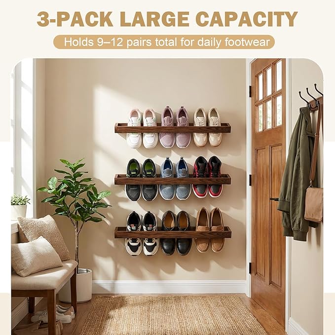 3 Pcs Wall Mounted Shoe Rack, 30 Inch Wall Mounted Shoes Storage Organizer Space Saving for Mudroom Entryway Closet